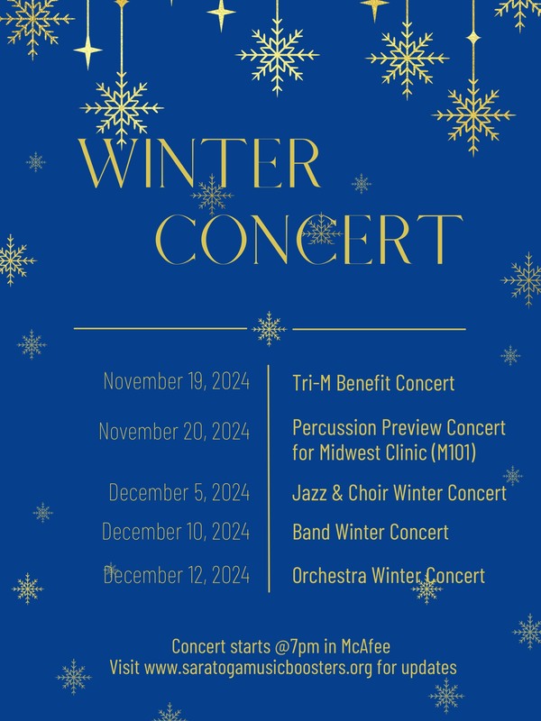  November 19 (McAfee): Tri-M Benefit Concert November 20 (M101): Percussion Preview Concert for Midwest Clinic December 5 (McAfee): Jazz and Choir Winter Concert December 10 (McAfee): Band Winter Concert December 12 (McAfee): Orchestra Winter Concert Picture